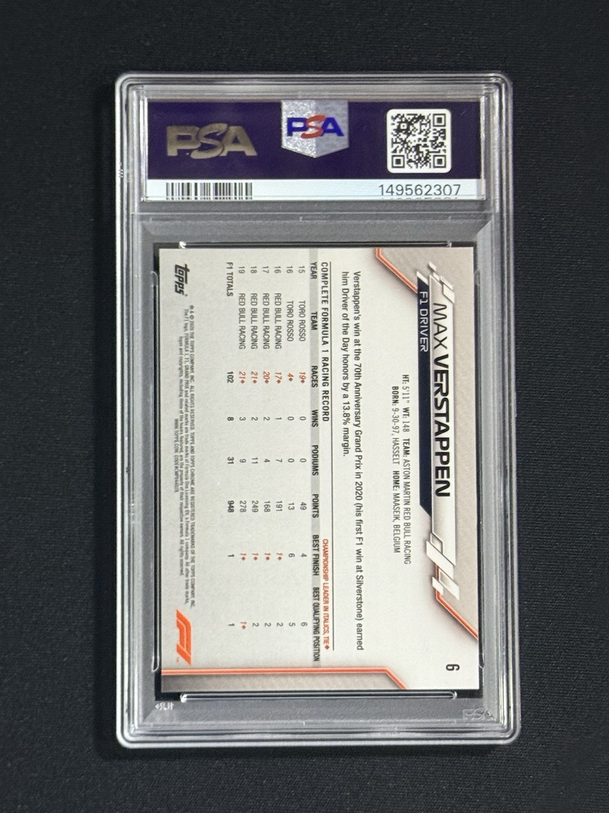 2020 Topps Chrome F1 #6 Max Verstappen Portrait Rookie RC PSA 9 MINT 307 view 2