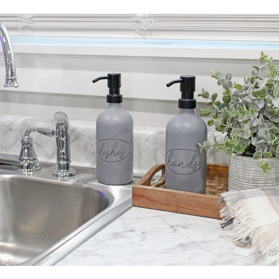 16oz Glass Pump Bottles 2pk, Gray w/ Black w/ Brushed Metal Tops- Darware Foto 2 de 4