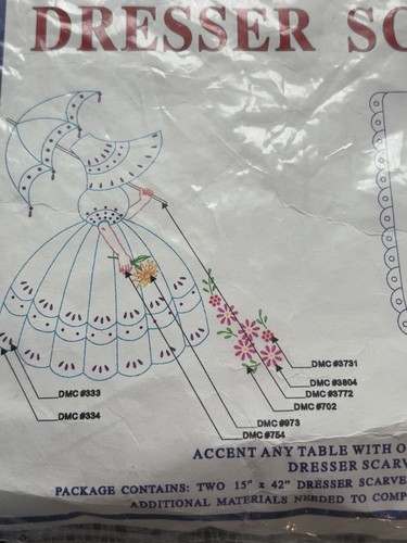 Vtg Jack Dempsey Needle Art Lace Table Runner Dresser Scarf Parasol Lady - Picture 2 of 4