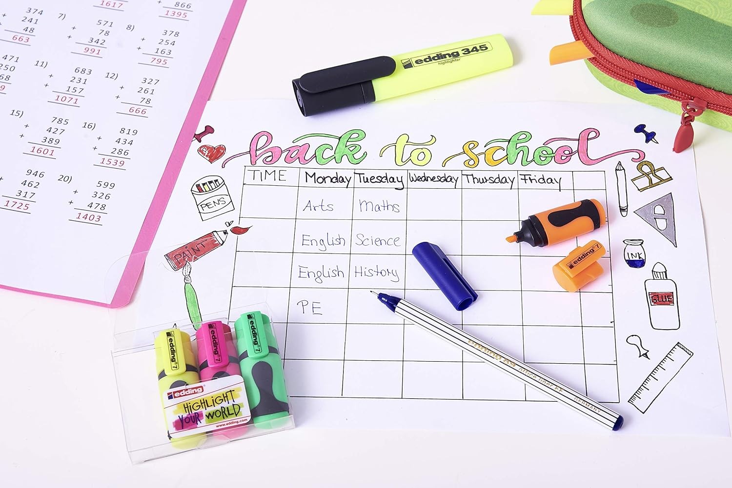 edding 7 mini highlighter - neon colours - 5 highlighter pens - chisel nib 1-3 m