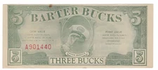 Vintage 3 Barter Bucks Note – Quick Service – Serial #A901440 + gift! US1c