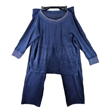 Boston Proper Velour Set Top Pants Velvet Soft Sparkle Neck Navy Womens Size XL