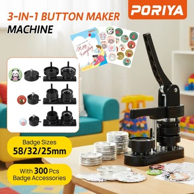 PORIYA 3-in-1 25/32/58mm Pin Badge Maker Button Maker Machine 300pc Button Parts - image 1 of 4