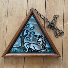 VTG Wood Framed Stained Style Glass Mystical Unicorn Suncatcher Read