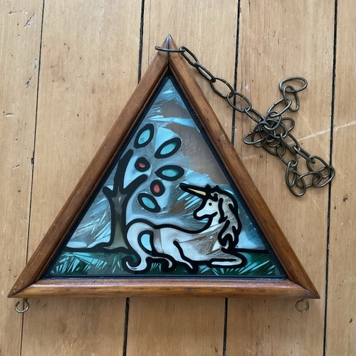 VTG Wood Framed Stained Style Glass Mystical Unicorn Suncatcher Read