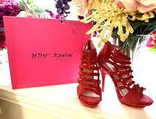 Betsey Johnson Red Suede Strappy Open Toe Stiletto Zip Buckle Heels US 7