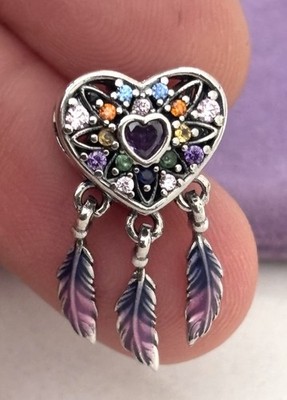 Sterling Silber S925 Regenbogen Herz Traumfänger Feder Hänger Charm
