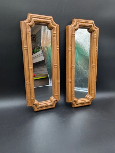 VTG HOMCO Brown Faux Bamboo Long Accent Wall Mirrors Set of 2 14 x 5.5" USA 1983