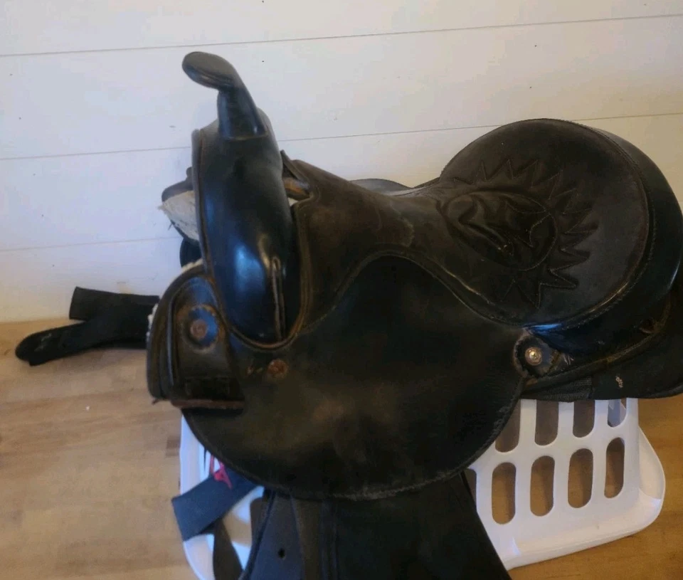 15'' QH 大喇叭 #101 黑色皮革和绳索西部桶/尾座马鞍零件 — 第 3/4 张图片