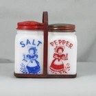 McKEE TIPP CITY MILK GLASS GARDEN GIRL SALT & PEPPER SHAKER SET IN METAL HOLDER