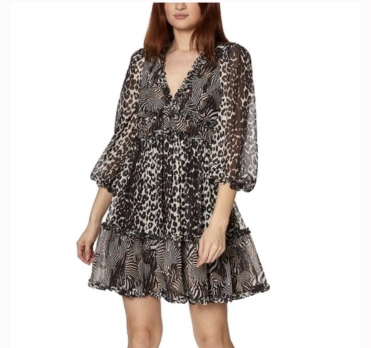 Betsey Johnson Leopard Zebra Print Ruffle Babydoll Dress Sheer Sleeve Sz 12