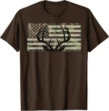 Deer Hunting Camo American Flag Buck Antlers Hunter Unisex T-Shirt