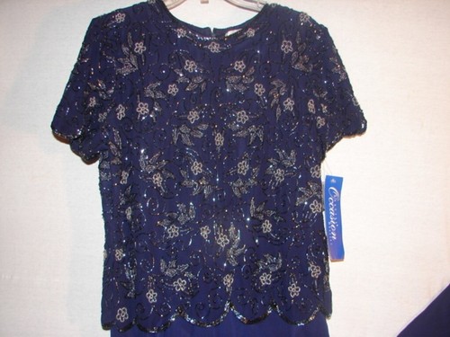 Vintage NWT Papell Boutique Evening Navy Blue Beaded Dress Size P 14 - Picture 4 of 7