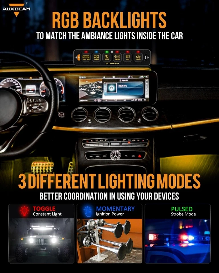 AUXBEAM AS-600 6 Gang RGB LED Touch Switch Panel Box Universal Control System - Imagen 3 de 4