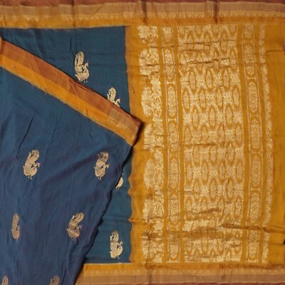 Vintage Blau Saree 100% Reine Baumwolle Zari Handgewebt Pfau Butta Sari 5.5m