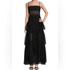 Betsy And Adam Black Tiered Ruffle Gown 4 NWOT