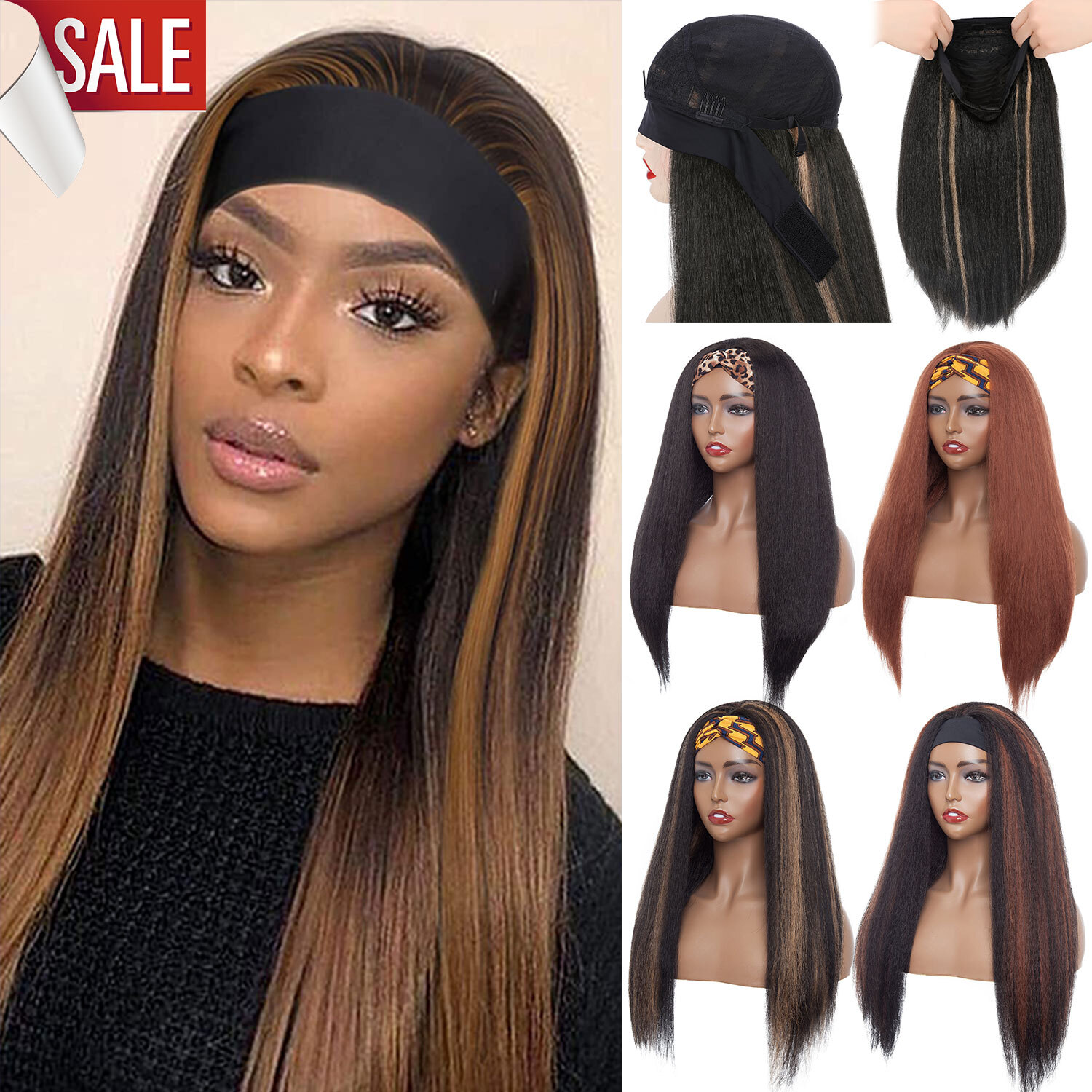 24inch Natural Headband Wigs Highlight Hair Yaki Straight Full Wigs For  Women US | eBay