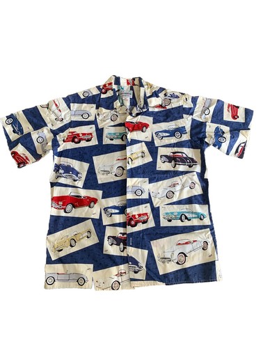 Reyn Spooner American Classics Chevy Corvette Car Men's Blue Hawaiian Shirt Sz M