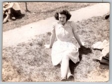 Vtg B&W Snapshot Woman Ruth Leete Sitting On Grass In Striped Day Dress 1940s