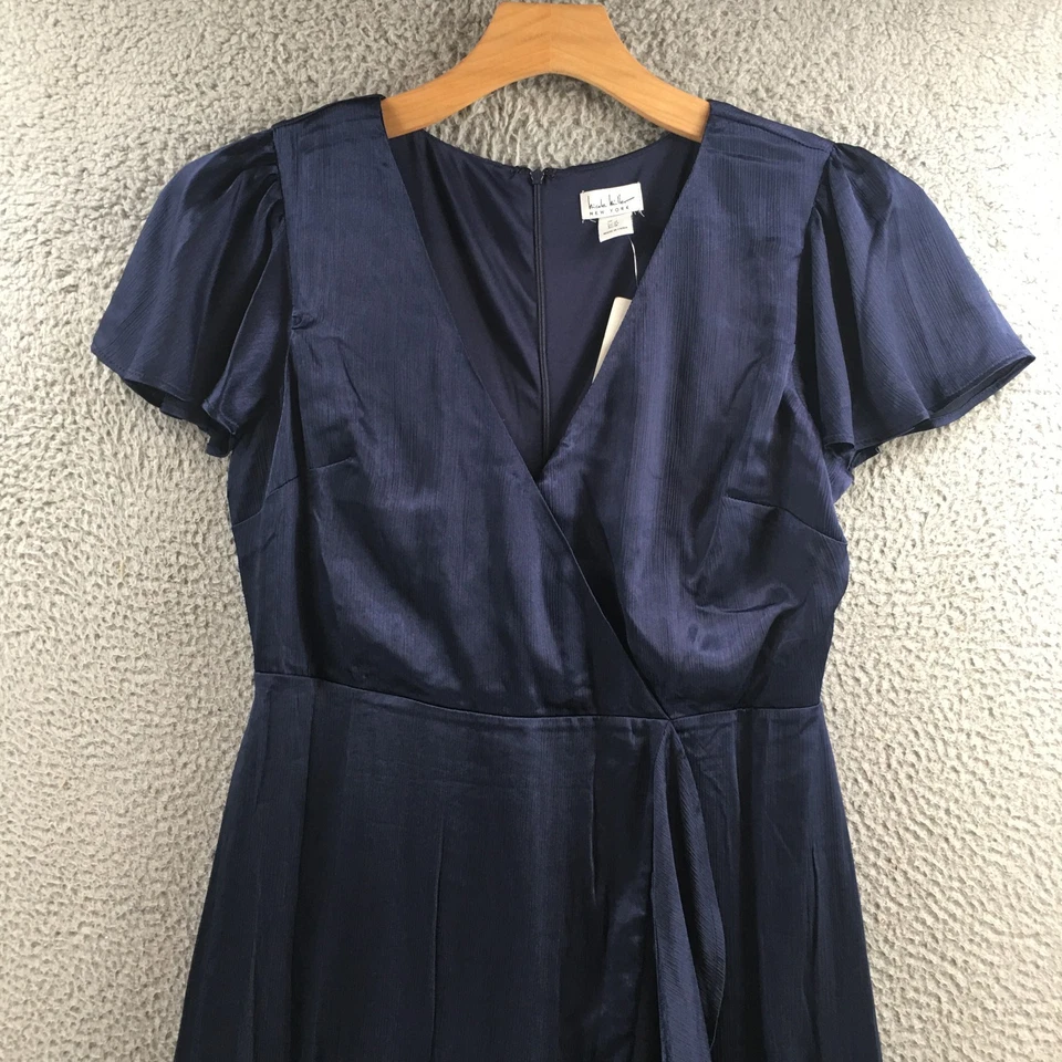 全新 Nicole Miller 连衣裙 女式 12 蓝色缎面荷叶边人造裹身高低荷叶边 — 第 2/4 张图片