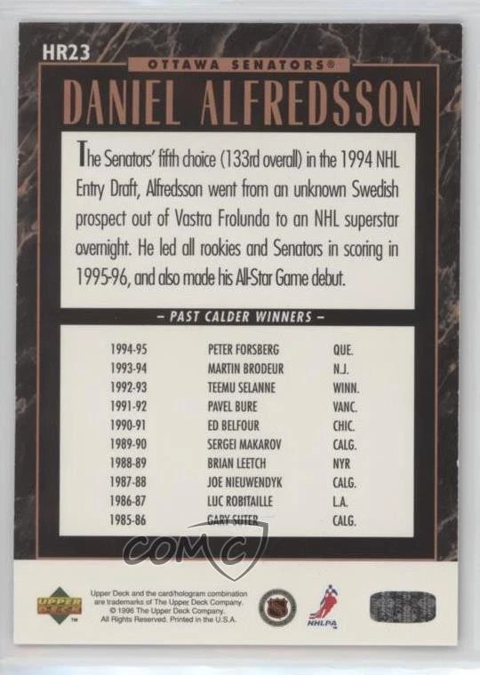 1995-96 Upper Deck Hobby Award Predictor Prizes Daniel Alfredsson Rookie RC HOF - Image 2 of 2