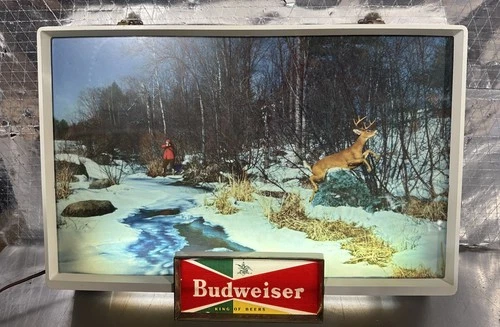 Vintage 1950s Budweiser Beer Man Hunting Buck Deer Winter Scene