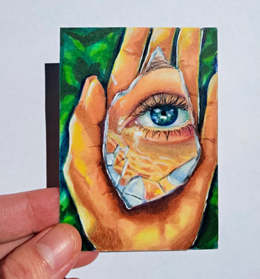 ACEO Original Art Card Vibrant Realism Hand Broken Glass Eye Reflection Drawing