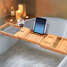 Extendable Bamboo Bathtub Tray Caddy Luxury Bath Organizer w/ Wine Glass Holder