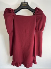 Boohoo Petite Puff Sleeve Square Neck Frill Hem Dress Berry UK 8 Maroon Mini