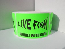 250 sticker, LIVE FISH silhouette HANDLE W. CARE Labels fluor green bkgd