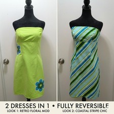 Reversible Strapless Mini Dress Lime Green Retro Floral & Blue Green Stripes