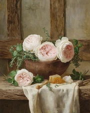 Roses & Honeycomb | Rustic Wooden Bowl Scene | Vintage Oil Painting Museum Art