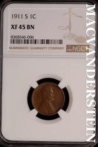 1911-S Lincoln Wheat Cent-NGC XF 45 Brown No Reserve #SLK928