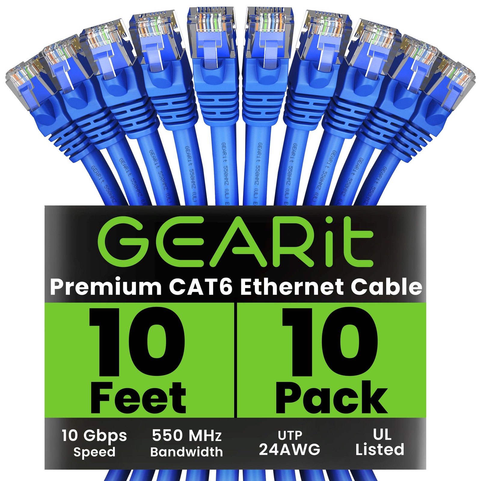 10-Pack 10ft Cat6 Ethernet Cable 10Gbps RJ45 Network Patch Snagless