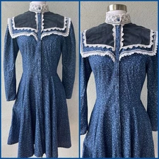 Vintage Gunne Sax Blue Calico Floral Lace-Trimmed Prairie Midi Dress Sz 2/4