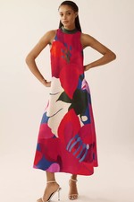 Farm Rio Anthropologie Halter Maxi Dress Floral Watercolor Size L NWT Large