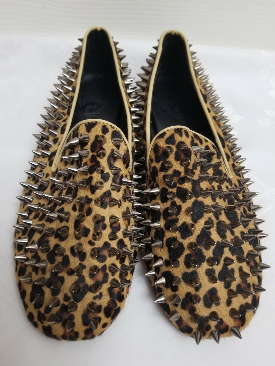 UNIF Hellraiser Leopard Spike Studded Pony Hair Slip On Leather 