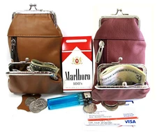 2 COLOR SET Pure Leather Cigarette Case Coin Pouch Combo Fit 100s King TAN+ WINE