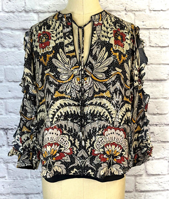 Anthropologie Ranna Gill Womens XS Blouse Top Shirt Dressy Boho Tie Neck Sequin