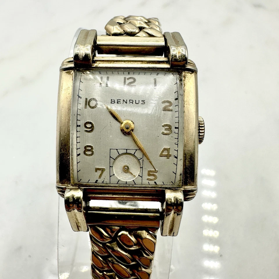 Reloj Tanque Vintage Funcionando Art Deco Benrus 17 Joyas Placa Oro Laminado 10k 25mm Foto 2 de 4