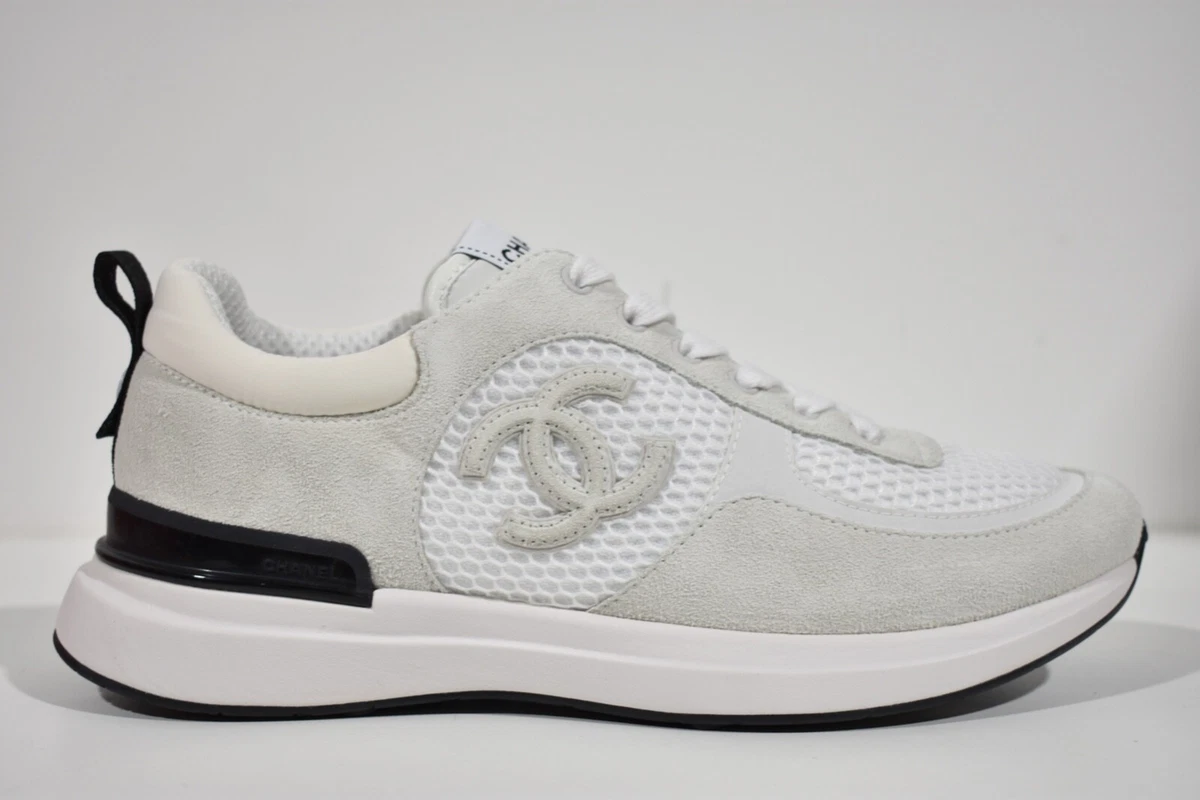 Chanel 22P Classic White Black Suede CC Lace Up Flat Runner Trainer Sneaker  39.5