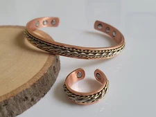 Solid Copper Magnetic Bracelet Ring Set 3 Tone Arthritis Therapy Cuff Ring Set