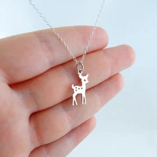 Baby Deer Charm Necklace 925 Sterling Silver Fawn Silhouette Bambi Mother Gift