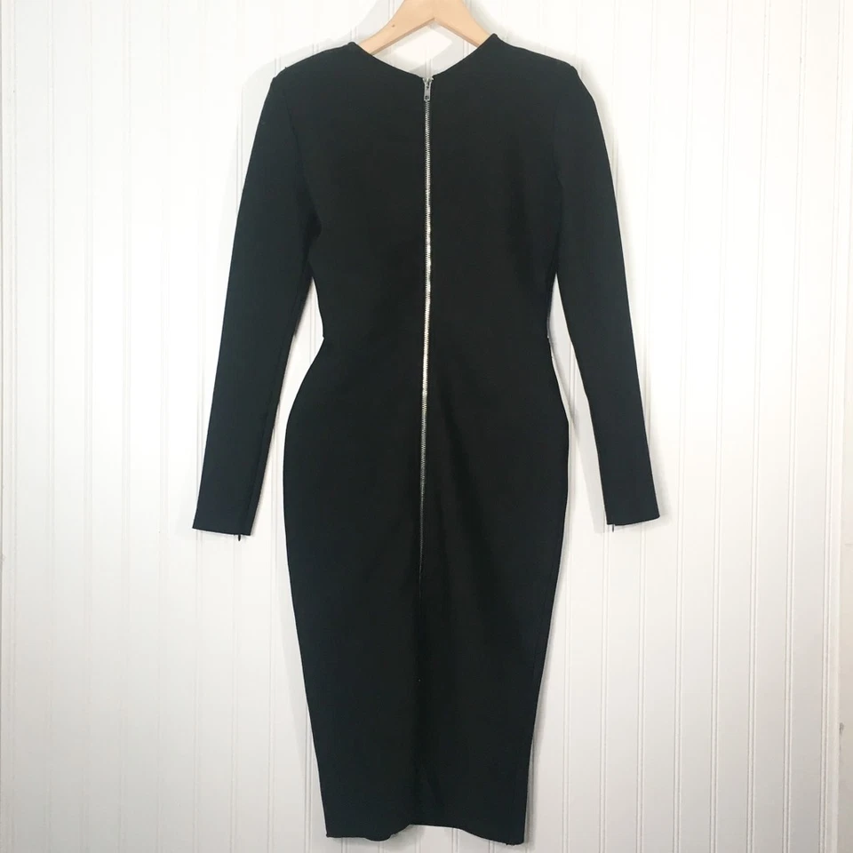 Vestido ajustado negro elástico midi manga larga clásico L Dalia Macphee para mujer nuevo Foto 2 de 4