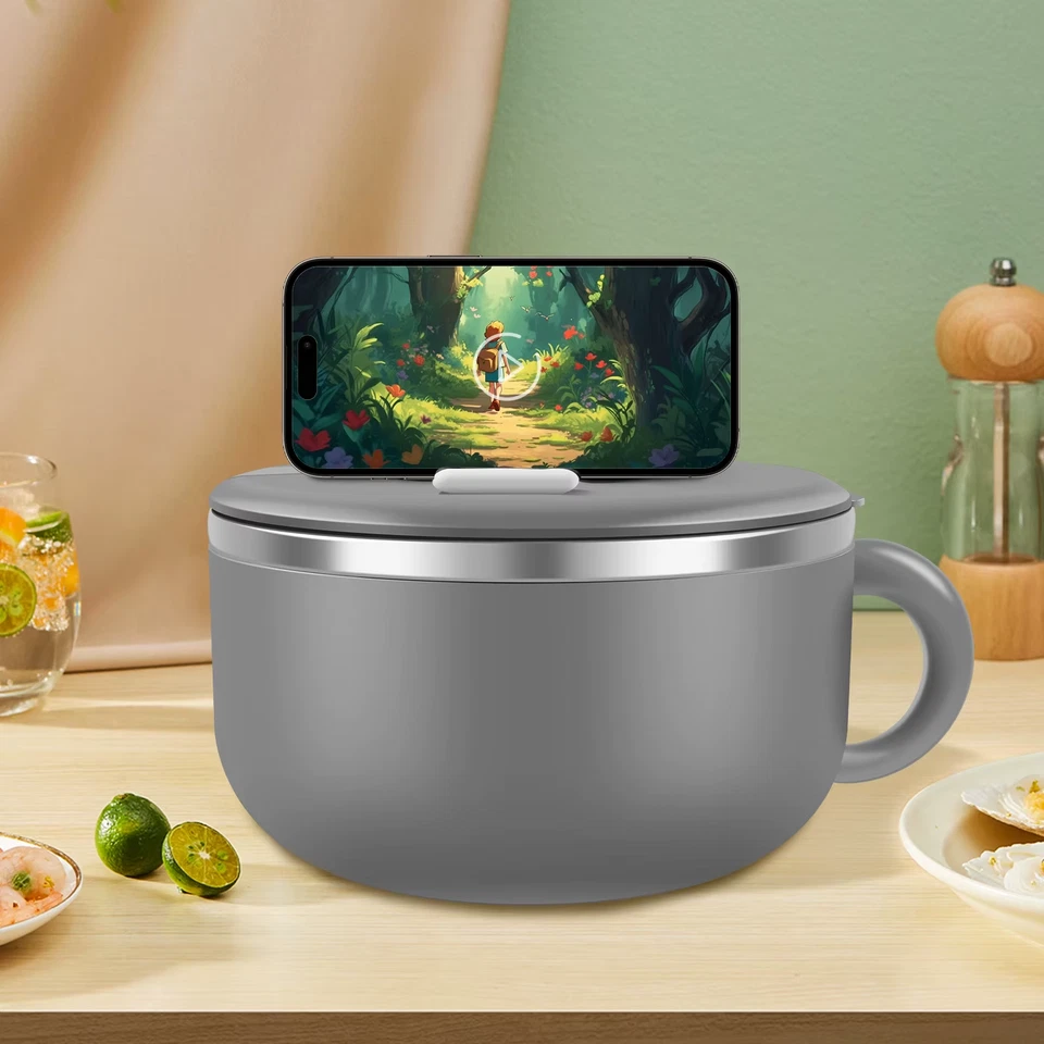 1200Ml Ramen Bowl with Lid Stainless Steel Noodle Cooker Salad, Rice & Soup Bowl - Image 3 of 4