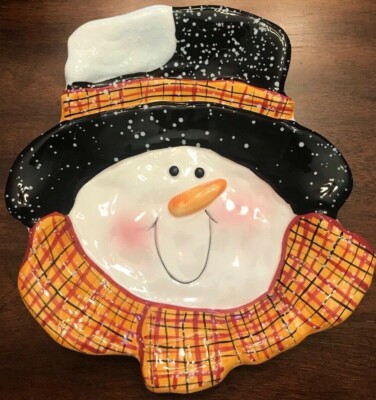 NEW COBBLE CREEK SNOWMAN HOLIDAY CERAMIC PLATTER IN ORIGINAL BOX 9.25 X 8 IN.