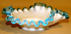 Vintage 1940's Fenton Milk Glass Aqua Rim Crimpled Ruffled Candy Dish — photo 3