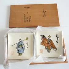 5 Mint In Wood Box Japan Ceramic Plates Noh Drama Theatre Scenes