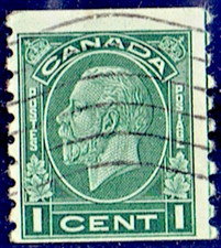 CANADA SC#205 KING GEORGE V MEDALLION 1933 1¢ COIL GREEN USED POOR 13 (084V5)