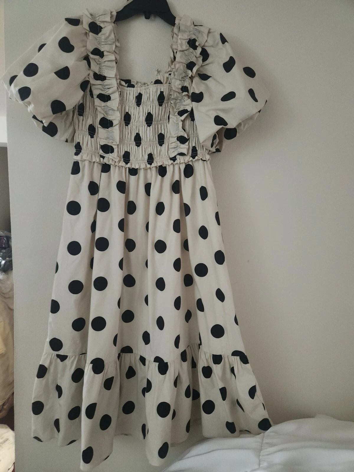 OFF WHITE Abito midi a pois a pois inglese smockato in fabbrica bianco con punti neri taglia M